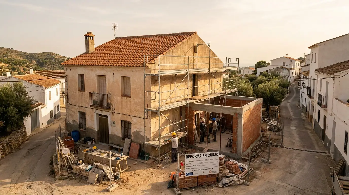 Ampliación lateral de vivienda unifamiliar con andamio en barrio mediterráneo
