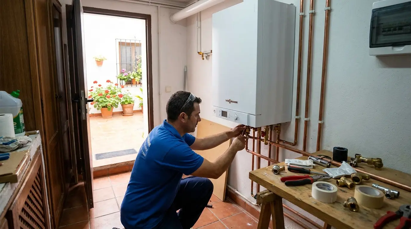 Instalador colocando caldera de condensación moderna en cuarto de calderas de vivienda española