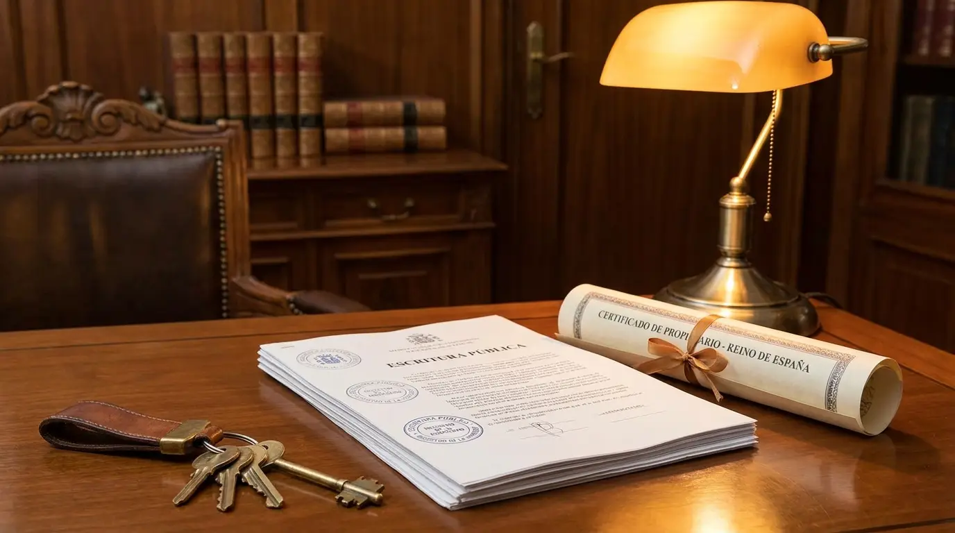 Llaves de vivienda sobre documentos oficiales de propiedad en despacho de notaría