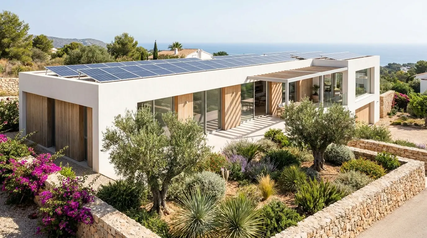 Vivienda unifamiliar moderna con paneles solares en tejado y jardín verde