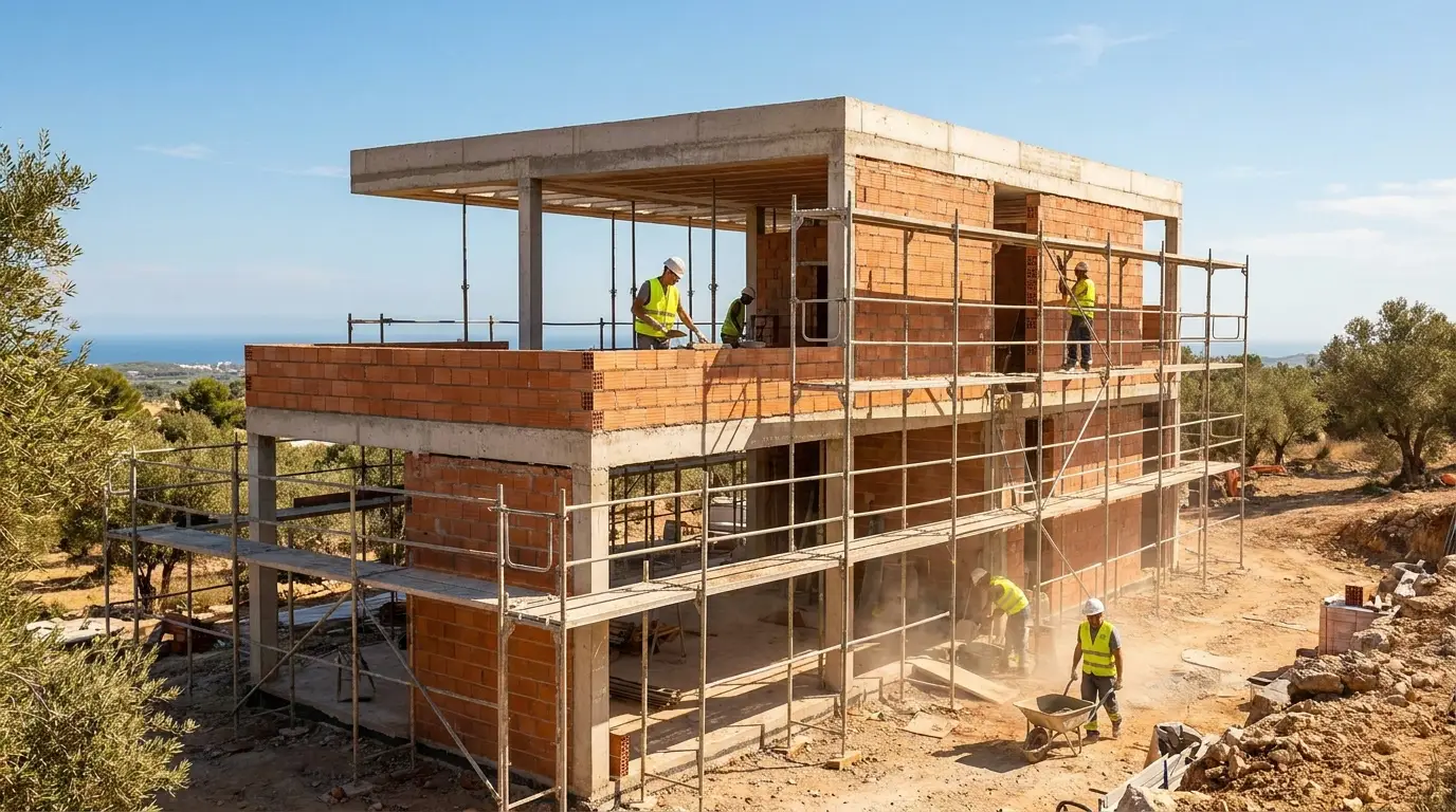 Casa en construcción con estructura de hormigón y muros de ladrillo a medio levantar