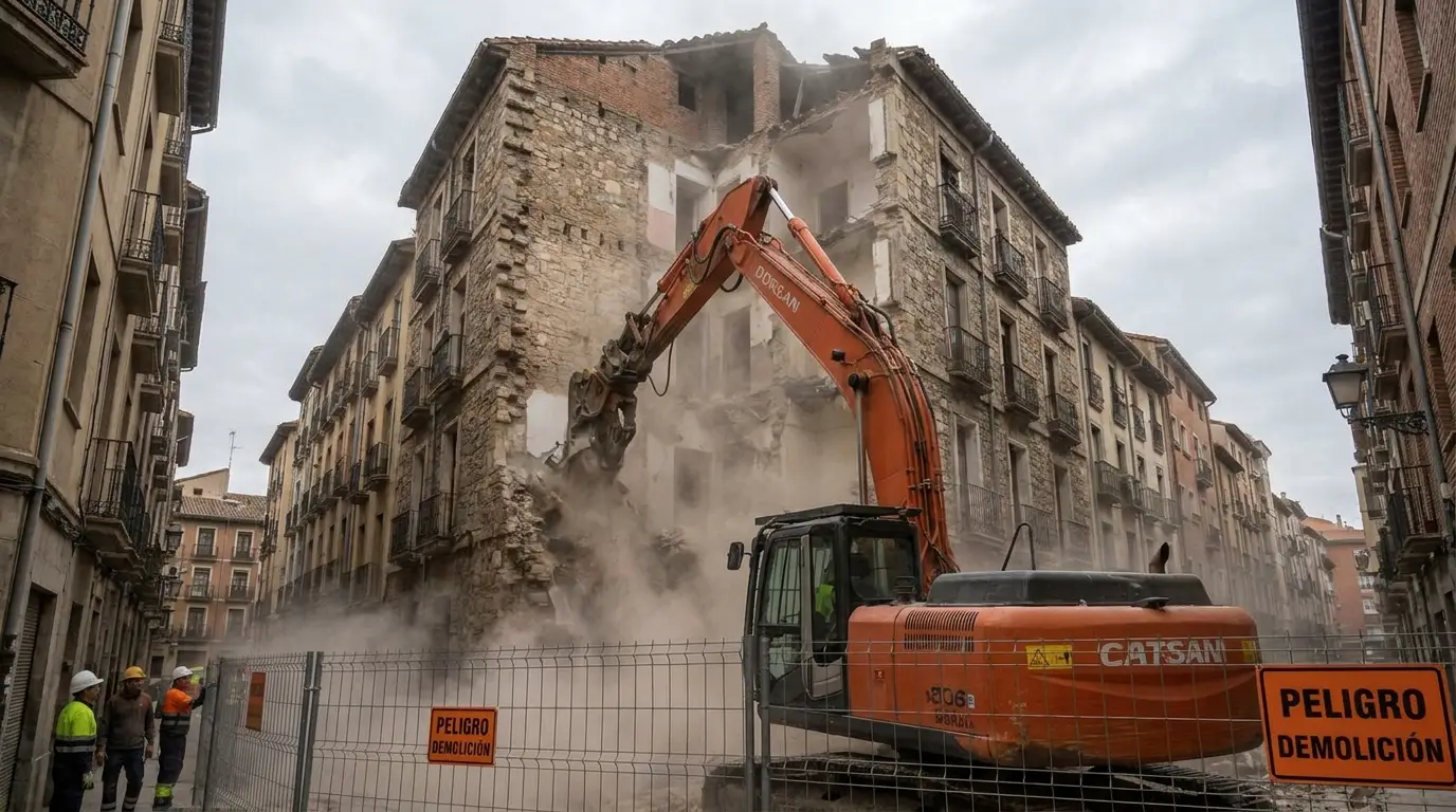 Excavadora demoliendo edificio residencial antiguo en España con escombros y polvo