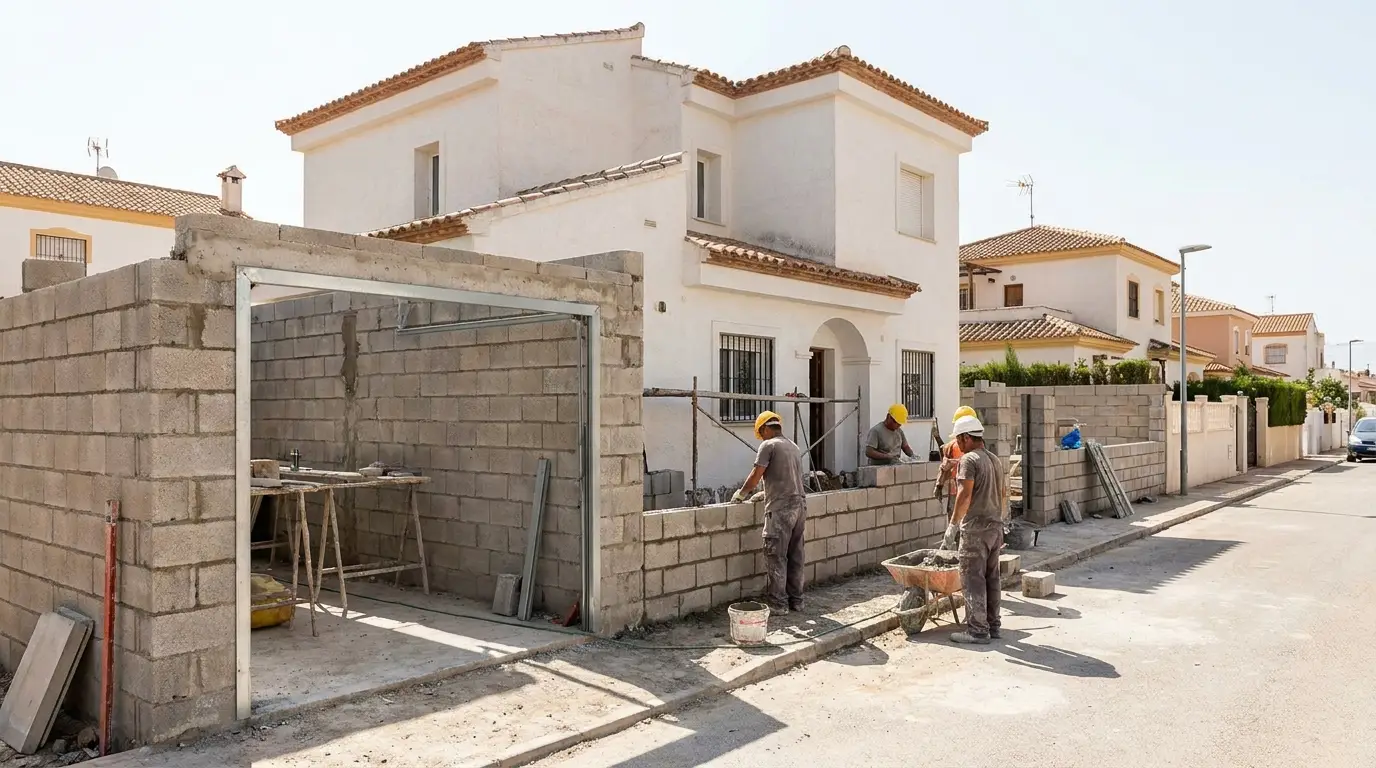 Garaje en construcción adosado a vivienda unifamiliar con bloques de hormigón y marco metálico