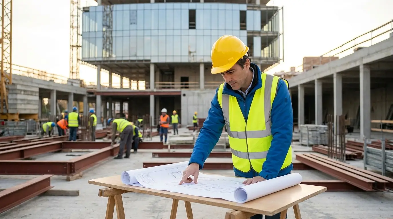 Arquitecto con casco revisando planos en una obra en construcción