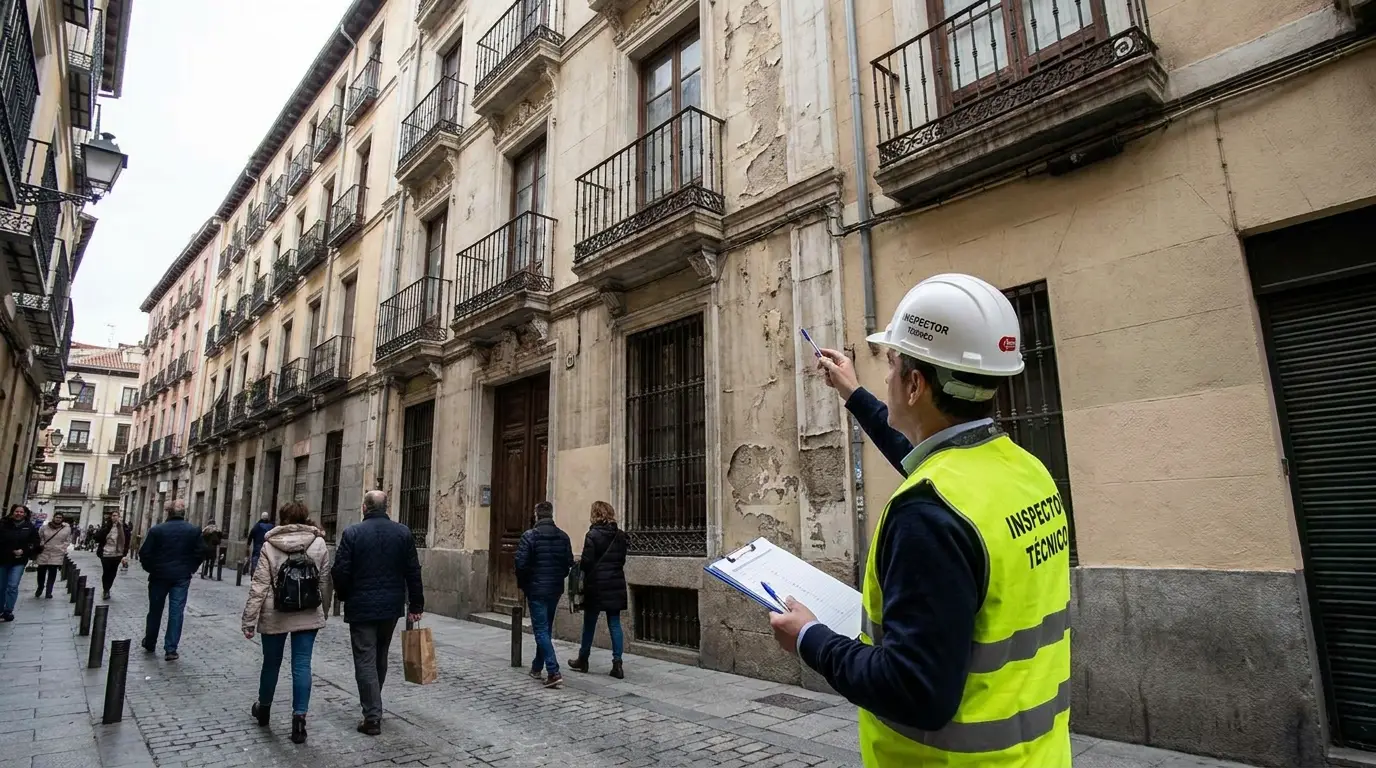 Inspector técnico con portapapeles examinando la fachada de un edificio residencial español