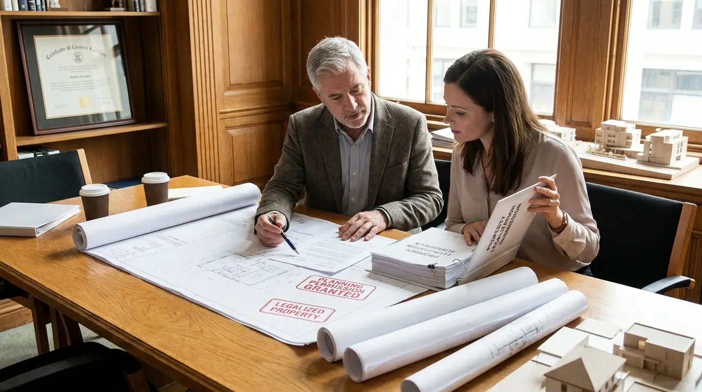 Arquitecto y cliente revisando documentos de legalización urbanística con sellos oficiales en despacho