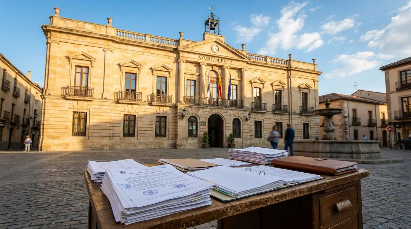 Fachada de un ayuntamiento español con documentos oficiales en primer plano