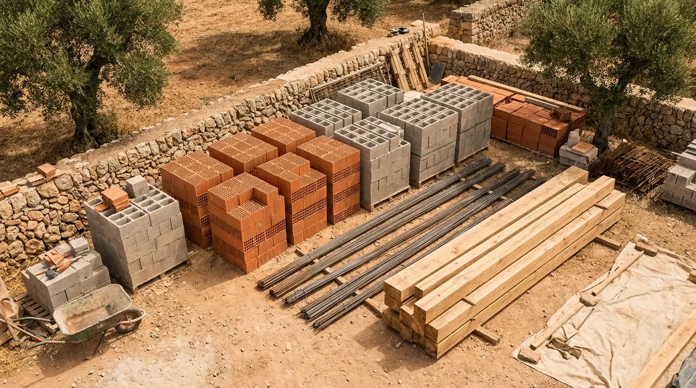Materiales de construcción ordenados en obra: ladrillos, bloques de hormigón, varillas de acero y vigas de madera