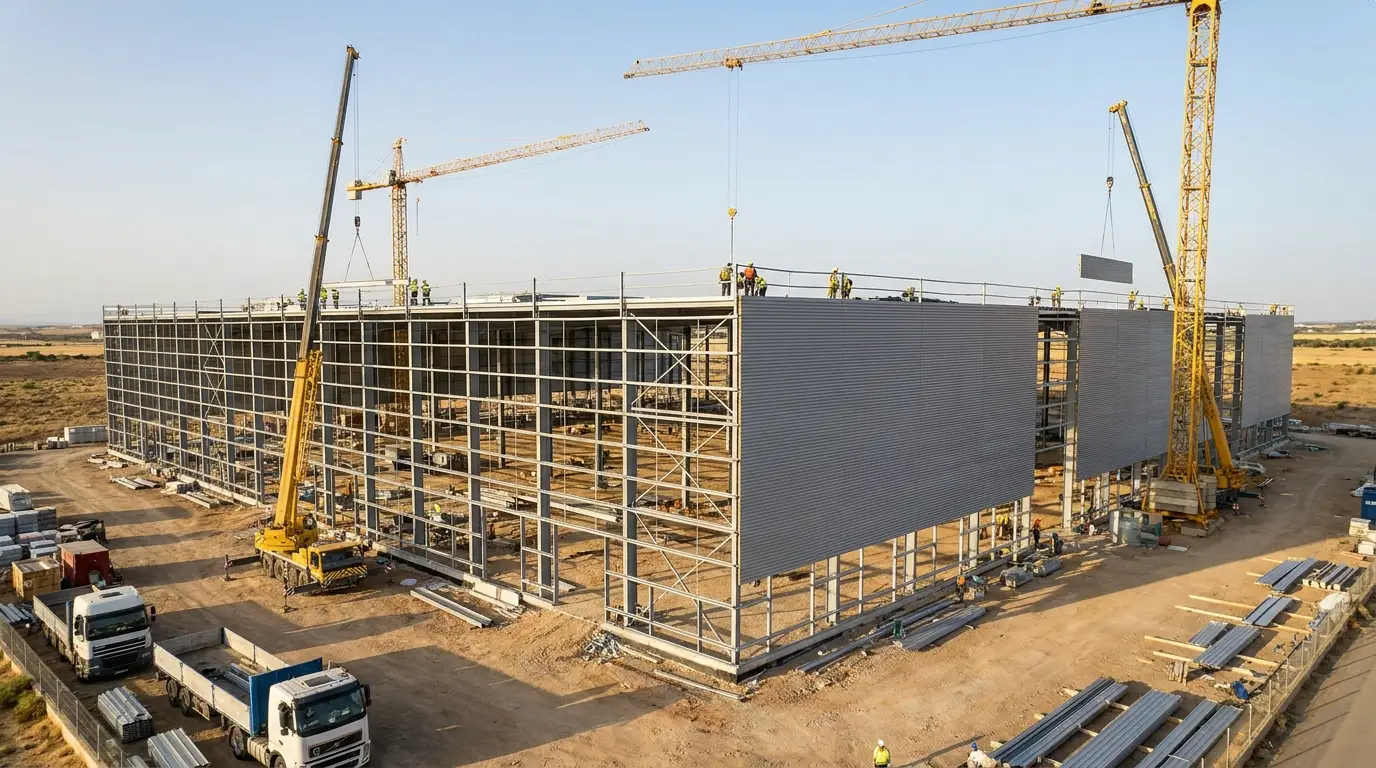 Nave industrial de gran tamaño en construcción con estructura metálica y trabajadores en España