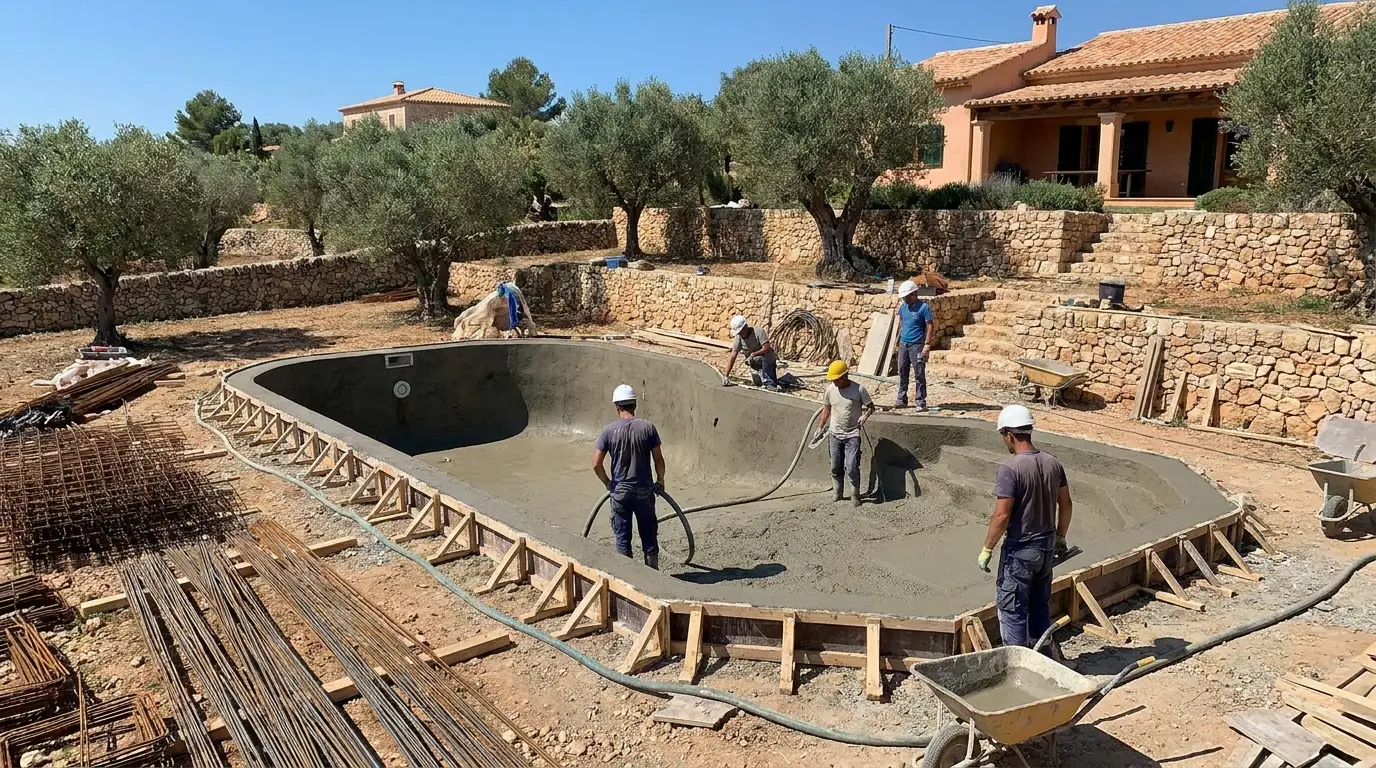 Piscina en construcción en jardín español con encofrado de hormigón y trabajadores