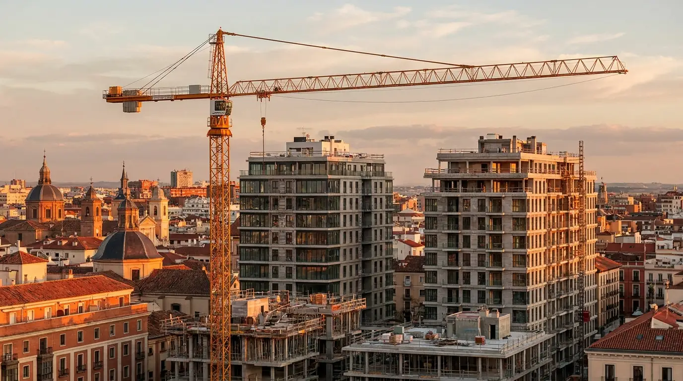 Grúa torre y edificios residenciales en construcción al atardecer en ciudad española