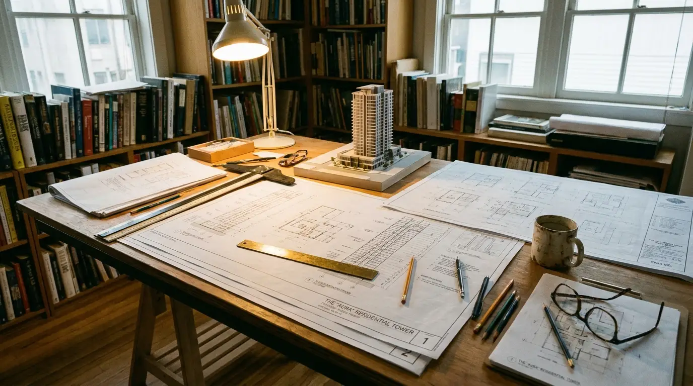 Mesa de arquitecto con planos técnicos extendidos, regla, lápiz y maqueta