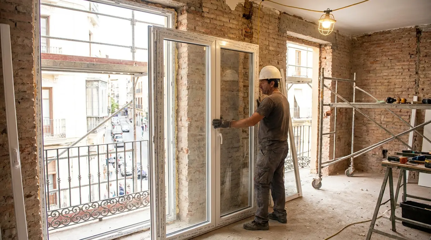 Operario instalando ventana de PVC con doble acristalamiento en piso en reforma