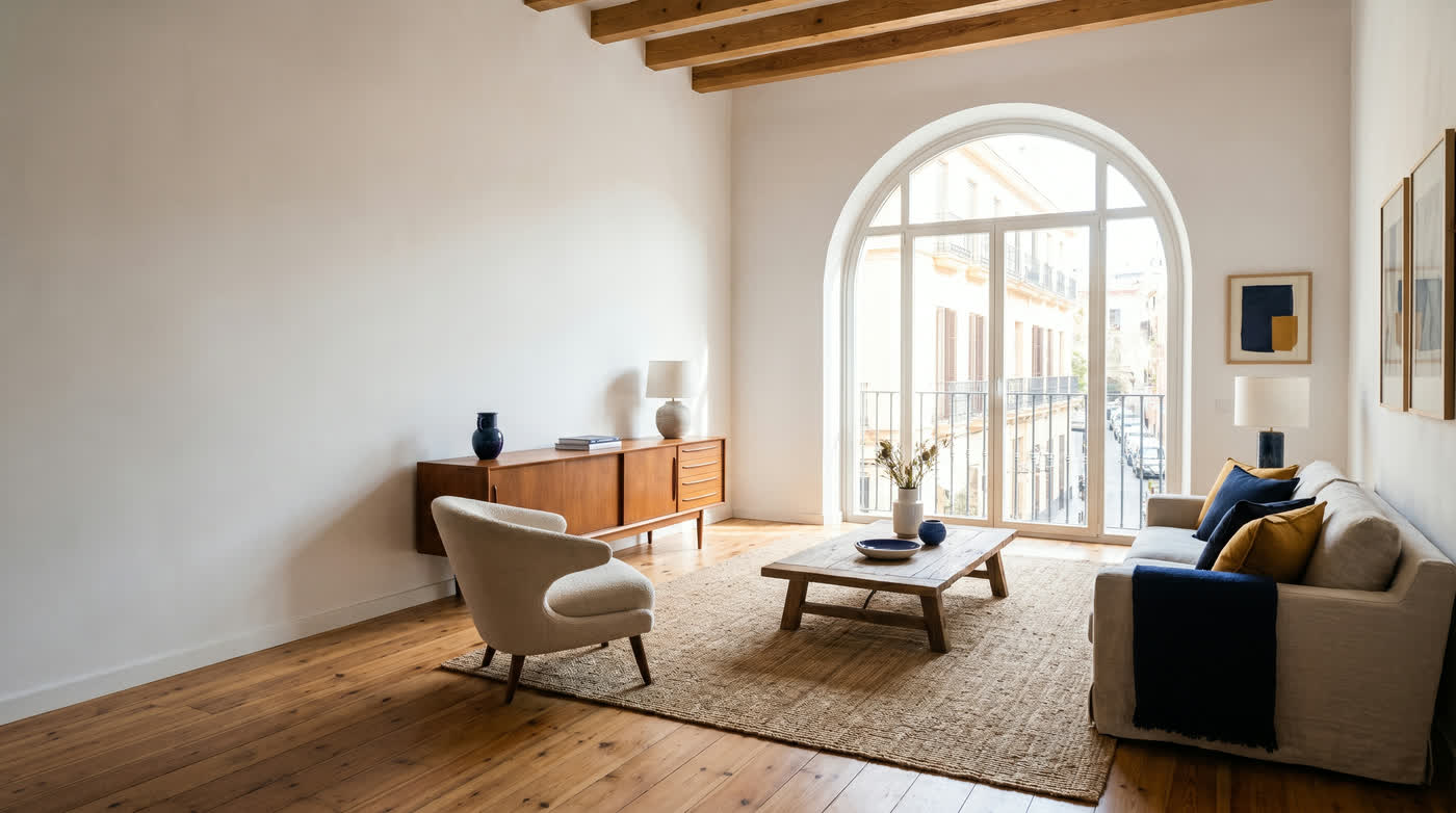 Salón de una vivienda reformada con luz natural